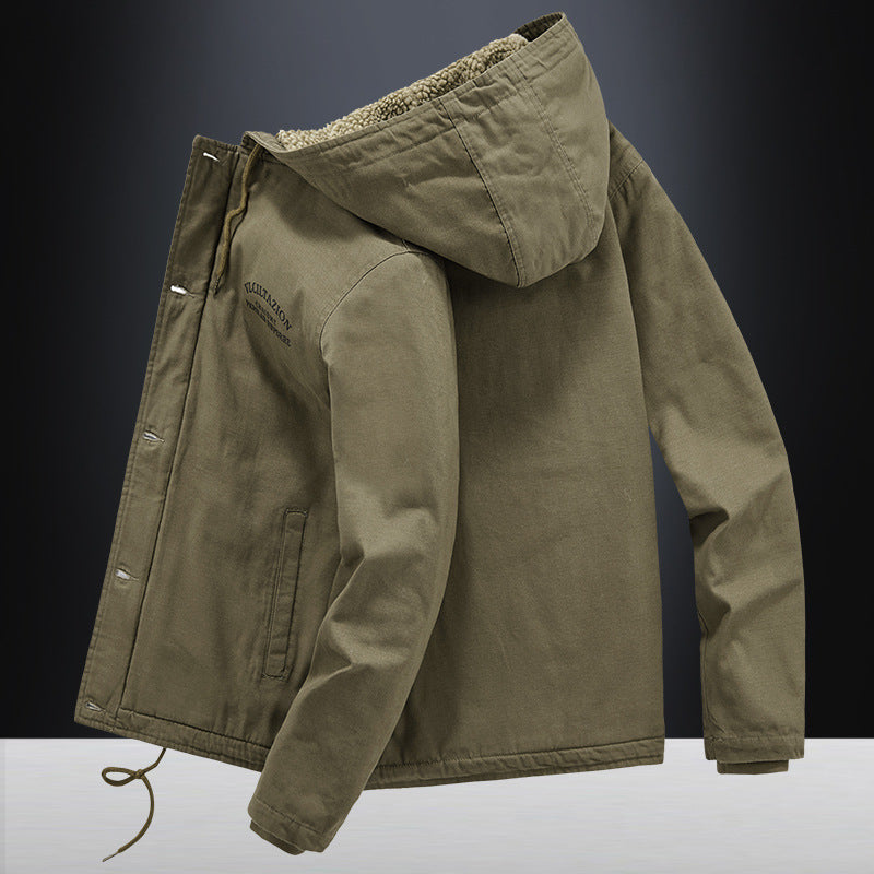 Herren Lässige Canvas-Kapuzenjacke mit durchgehendem Sherpa-Futter und doppelter Front – Taviero