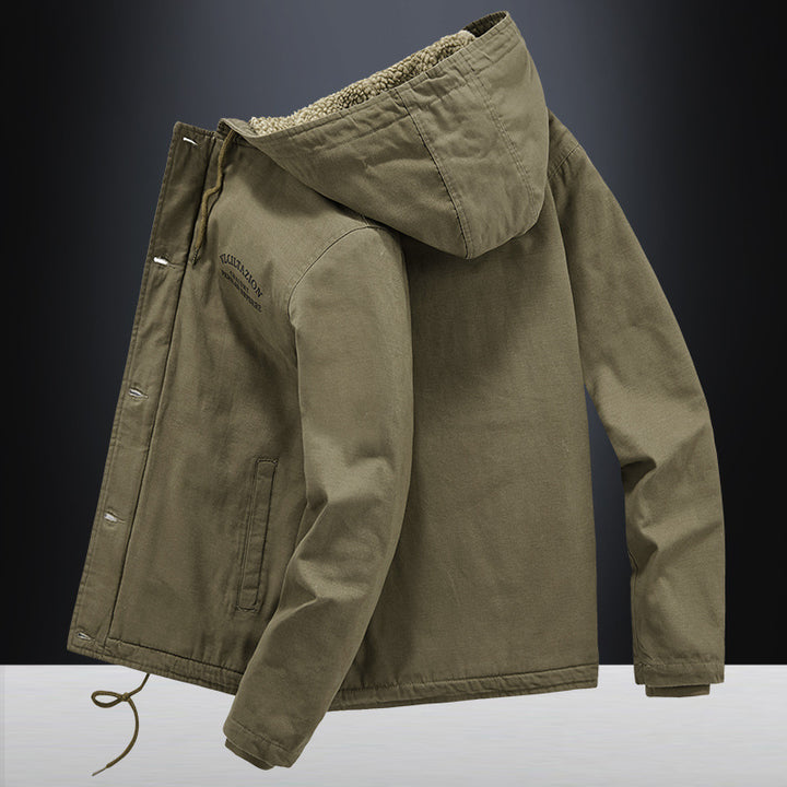 Herren Lässige Canvas-Kapuzenjacke mit durchgehendem Sherpa-Futter und doppelter Front – Taviero