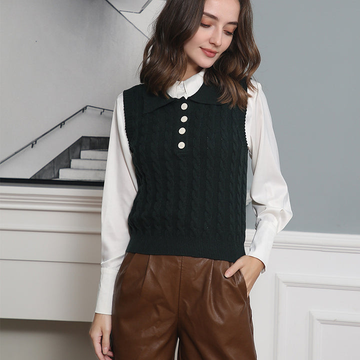 Damen Feinstrick-Ärmellose Polo-Weste mit Zopfmuster und tailliertem Schnitt Echo Archiv