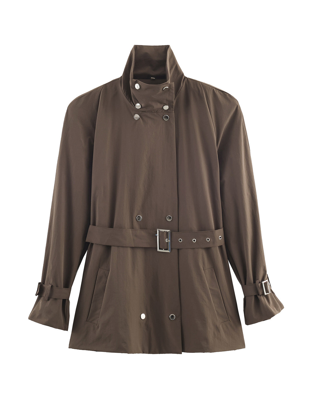 Damen Kurz geschnittener taillierter Trenchcoat mit Stehkragen und Bindegürtel Echoarchiv