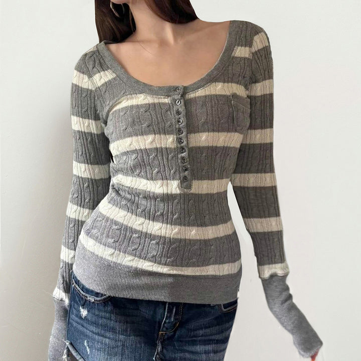 Damen Gestreifter Feinstrick-Pullover mit Zopfmuster und Knopfleiste Echo Archiv