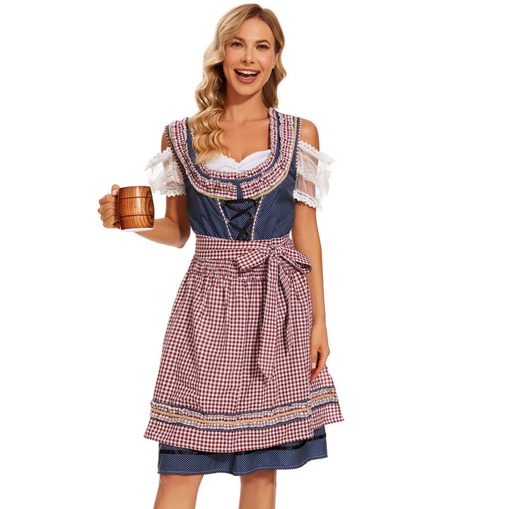 Damen nan traditionelles Dirndlkleid mit kariertem Schürzenrock, Schnürung und Spitzenärmeln Echo Archiv