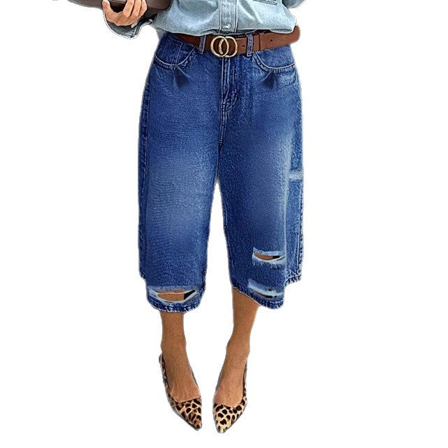 Damen Hochtaillierte Denim-Culotte mit Destroyed-Einsätzen und rohem Saum Echo Archiv