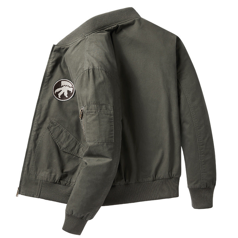 Men's short-length flight bomber jacket with embroidered shoulder patch sleeve zip pocket and ribbed collar cuffs hem – Brevano
