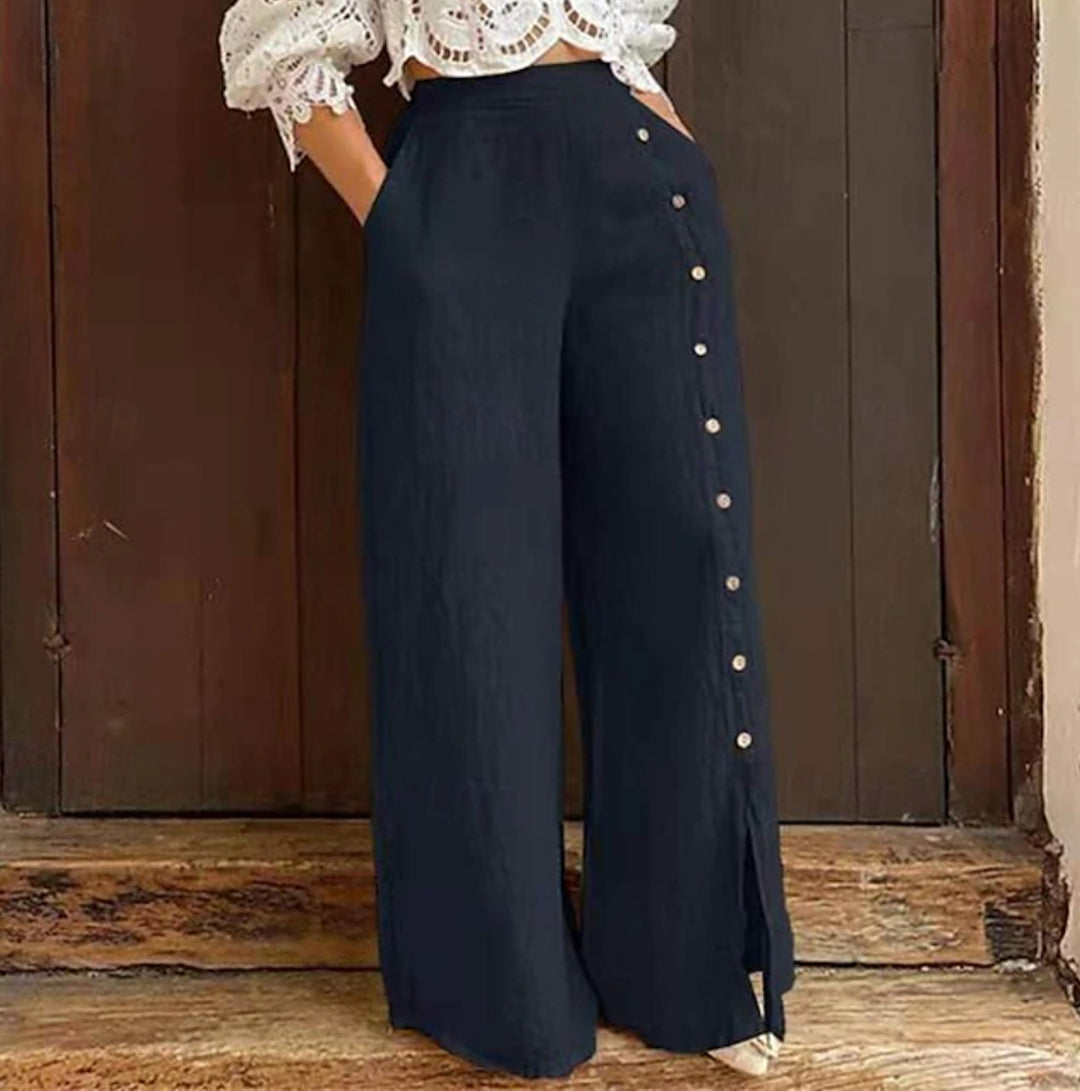 Damen nan hochgeschnittene Leinenhose mit seitlicher Zierknopfleiste, Eingrifftaschen und weitem Beinschnitt Echo Archiv