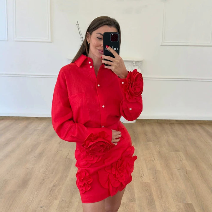 Damen Hemdblusen-Minirock-Set mit voluminösen 3D-Rosenapplikationen und Perlendetails Echoarchiv