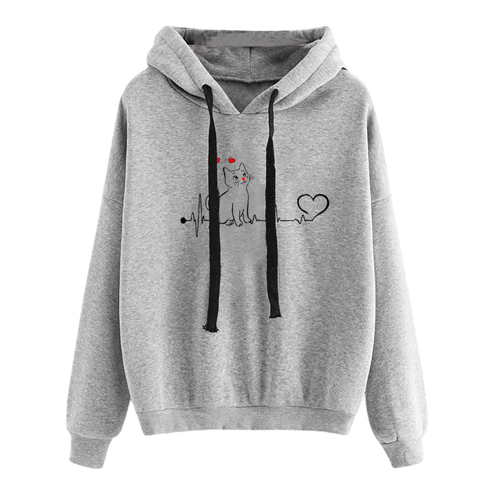 Damen leichter Oversize Kapuzenpullover mit Herz‑EKG‑Motiv, langen Kordeln und elastischem Bund – Auréline