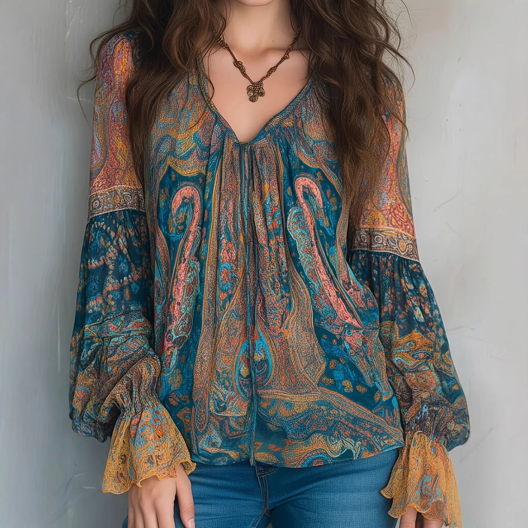 Damen Boho-Chic Bluse mit geflammten Ärmeln und V-Ausschnitt Echo Archiv
