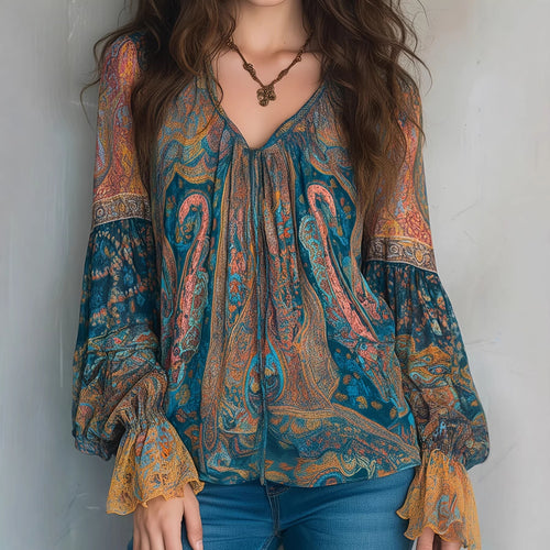 Damen Boho-Chic Bluse mit geflammten Ärmeln und V-Ausschnitt Echo Archiv