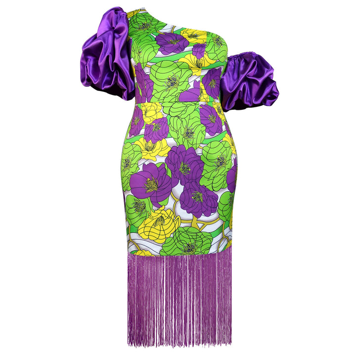 Damen Elegantes Schulterfreies Kleid mit voluminösen Puffärmeln und Fransen Echo Archiv