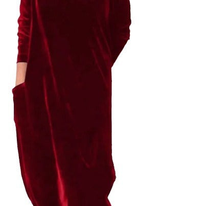 Damen Elegantes Samt Maxi Kleid mit Hohem Rollkragen, Seitentaschen und Lockere Silhouette Echoarchiv