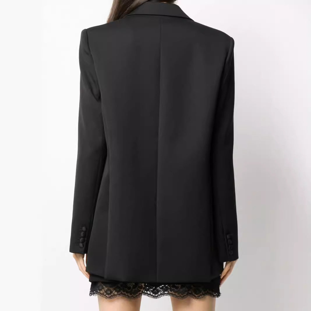 Damen Oversize Einreihiger Longblazer mit Satin-Schalkragen und cleanem Tailoring Echoarchiv