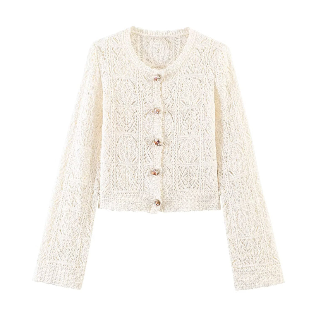 Damen Häkelstrick-Cardigan mit Rundhals, filigranem Lochmuster und Zierknöpfen Echoarchiv