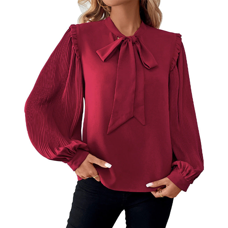 Damen Plissierte Chiffon-Bluse mit Schleifenkragen, Ballonärmeln und Rüschendetail Echoarchiv