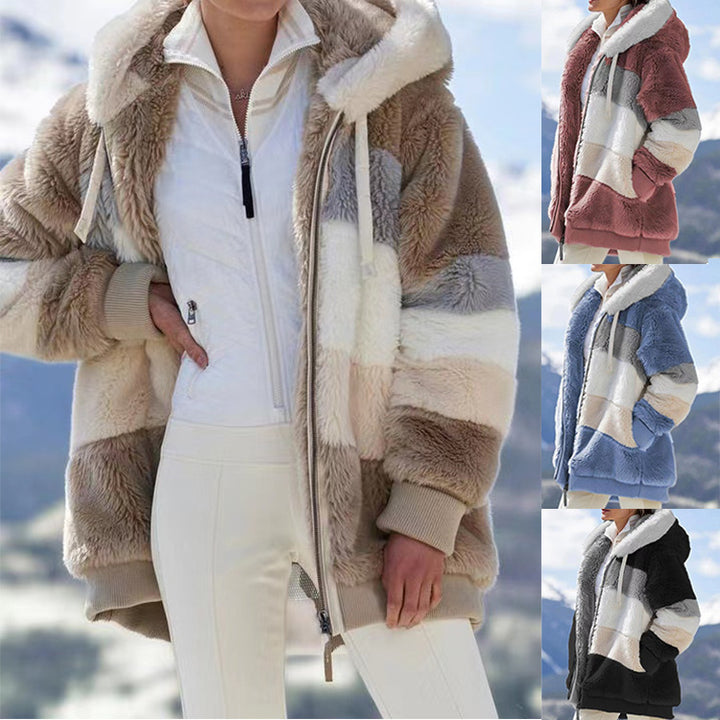 Damen nan oversized Kunstfelljacke mit Kapuze, Blockstreifen-Optik und zweifachem Reißverschluss Echo Archiv