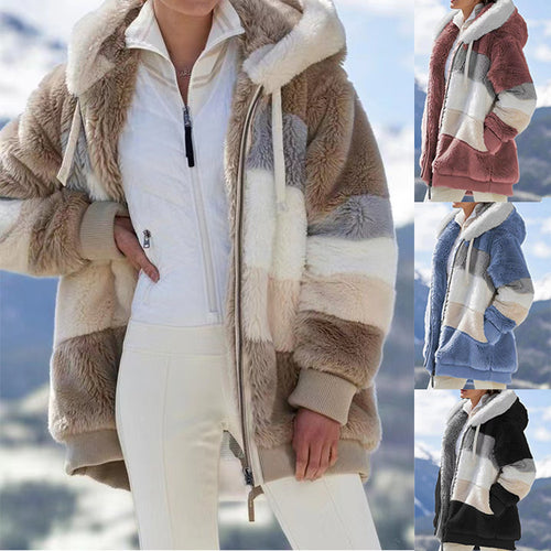 Damen nan oversized Kunstfelljacke mit Kapuze, Blockstreifen-Optik und zweifachem Reißverschluss Echo Archiv