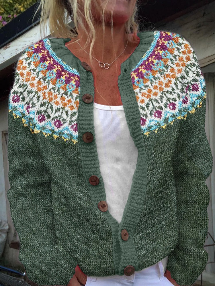 Damen nan gemusterte Strickjacke mit Rundpasse, Holzknöpfen und Eingrifftaschen Echo Archiv