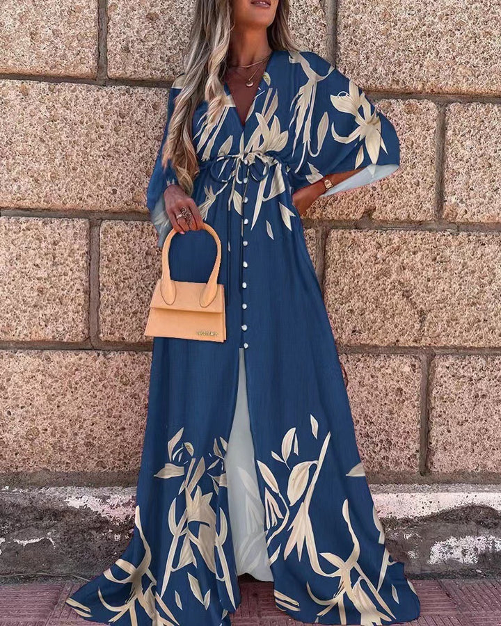 Damen Maxikleid mit tiefem V-Ausschnitt BindEchoarchivand in Empire-Taille Kimonoärmeln und Frontschlitz Echoarchiv
