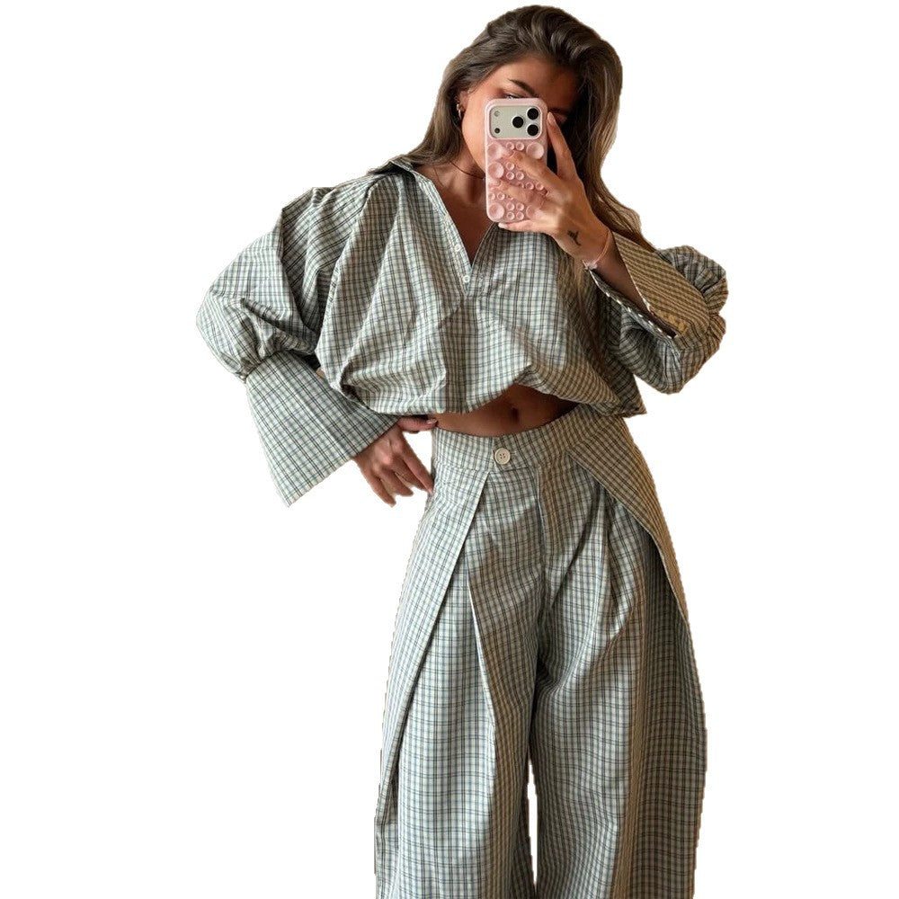 Damen Zweiteiliges kariertes Set mit Cropped Oversize-Hemd und weiter Bundfaltenhose Echoarchiv
