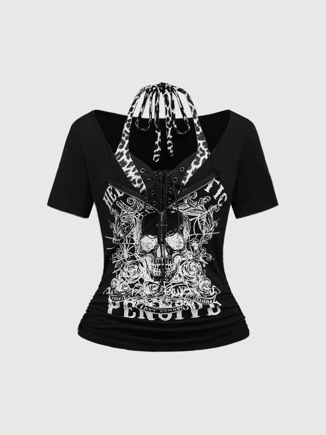 Damen Trendy Crop-Top mit einzigartigem Grafikdruck und Schnürdetails Echo Archiv