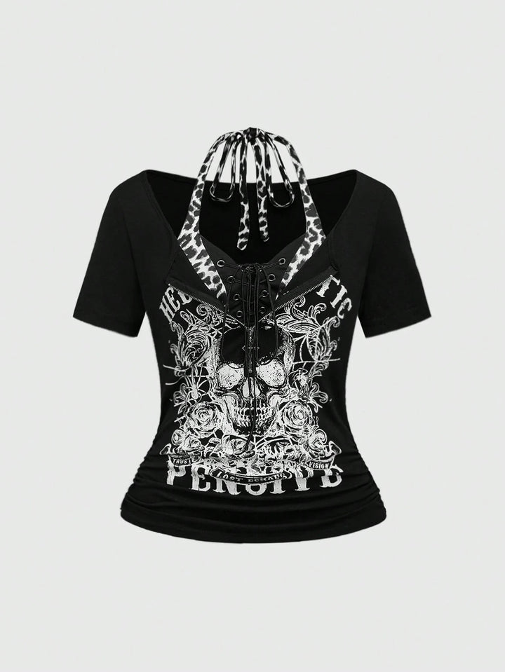 Damen Trendy Crop-Top mit einzigartigem Grafikdruck und Schnürdetails Echo Archiv