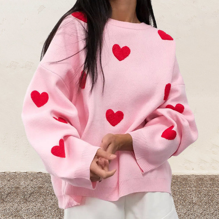 Damen Oversize-Feinstrickpullover mit Allover-Herzintarsien und überschnittenen Schultern – Mavelle