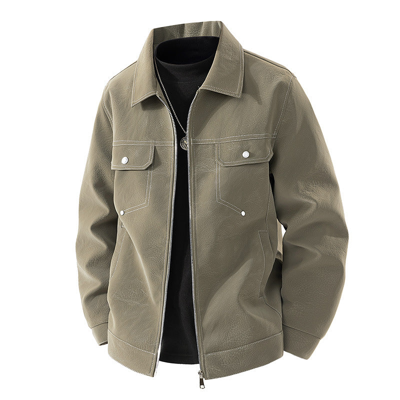 Herren Shirt-Jacke aus Veloursleder‑Optik mit kontrastierenden Ziernähten & Brustklappen Echoarchiv