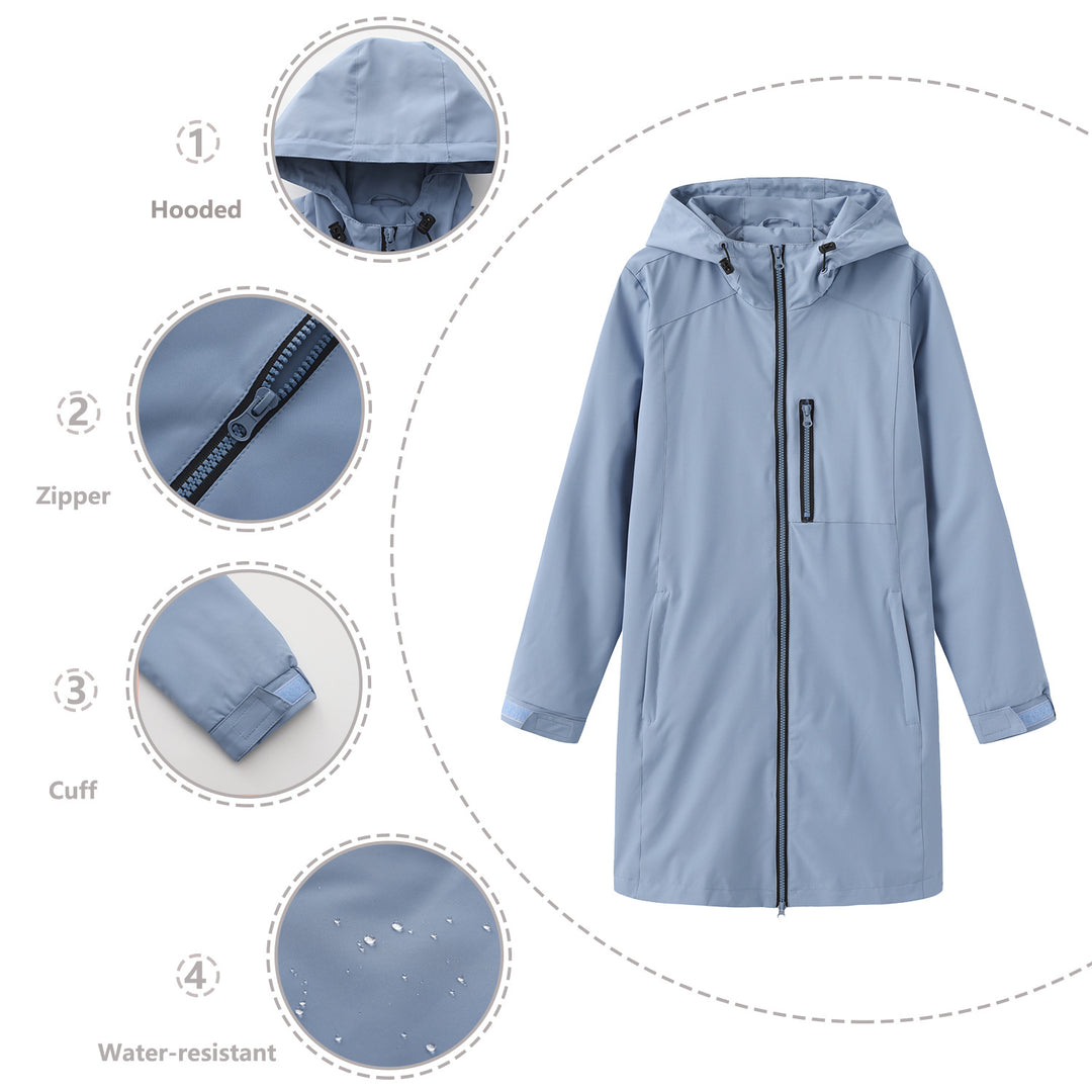 Damen nan lange schlanke Funktionsregenjacke mit durchgehendem Reißverschluss Brustreißverschlusstasche und Klettmanschetten Echo Archiv