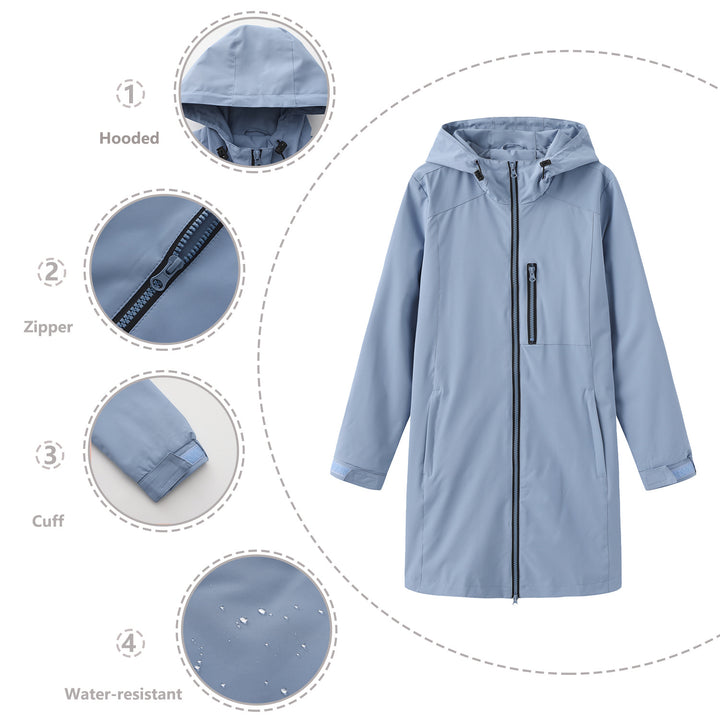 Damen nan lange schlanke Funktionsregenjacke mit durchgehendem Reißverschluss Brustreißverschlusstasche und Klettmanschetten Echo Archiv