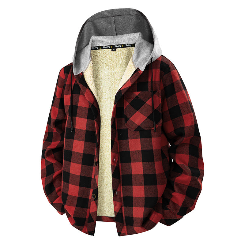 Herren kariertes Sherpa-futteriertes Overshirt mit Kapuze, Brusttasche und Druckknopfverschluss – Taviero