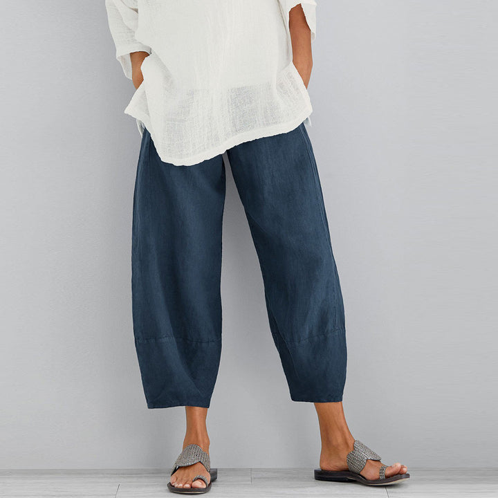 Damen nan weit geschnittene Leinenhose mit Tulpen-Saum und elastischem Bund Echo Archiv