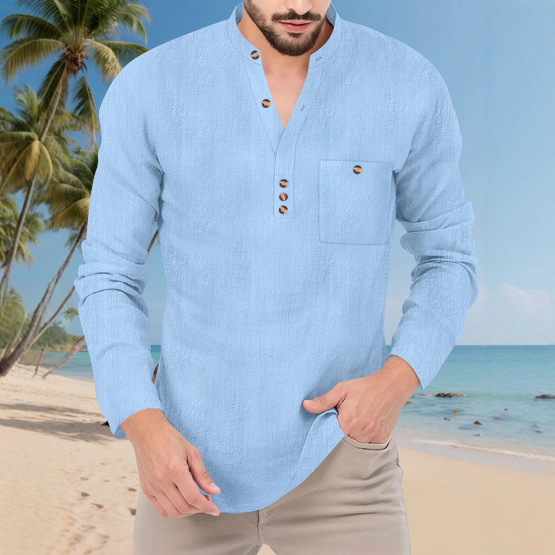 Herren lässiges Langarmshirt mit Knopfleiste und Brusttasche Echoarchiv