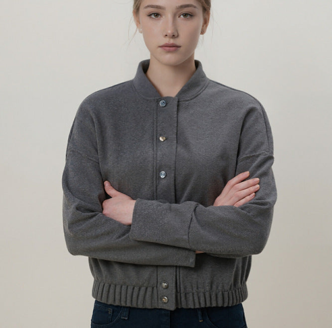 Damen kuschelige Fleece-Bomberjacke mit Stehkragen Rippbund und Druckknopfleiste – Avenza