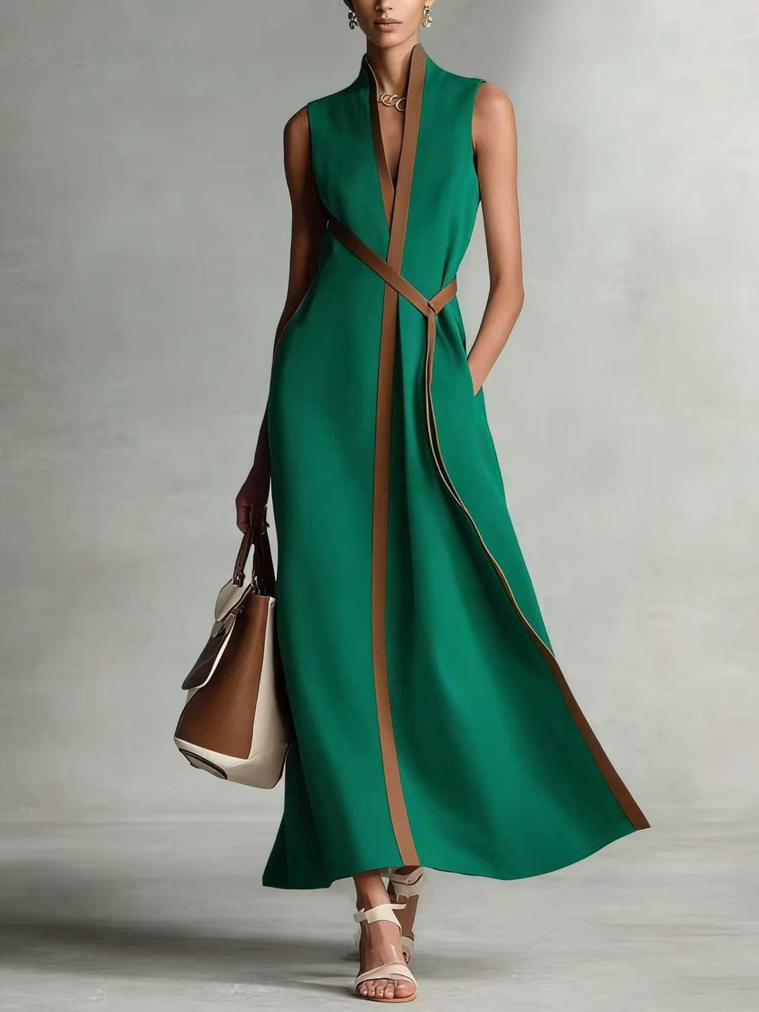 Damen elegantes Maxikleid mit Taillenschnitt und schmalem Gürtel Echo Archiv