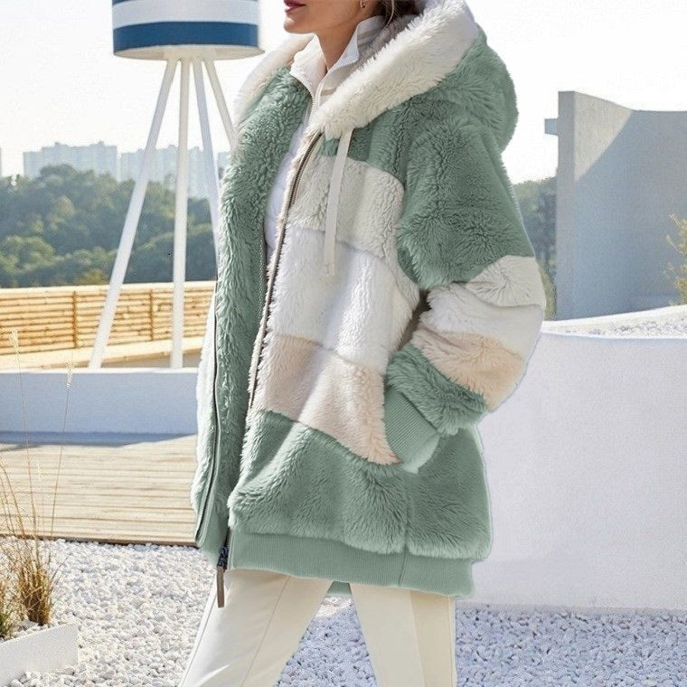 Damen nan Oversize Teddyfell-Kapuzenjacke mit Farbblock-Streifen, hochwertigem Reißverschluss und gerippten Bündchen Echo Archiv
