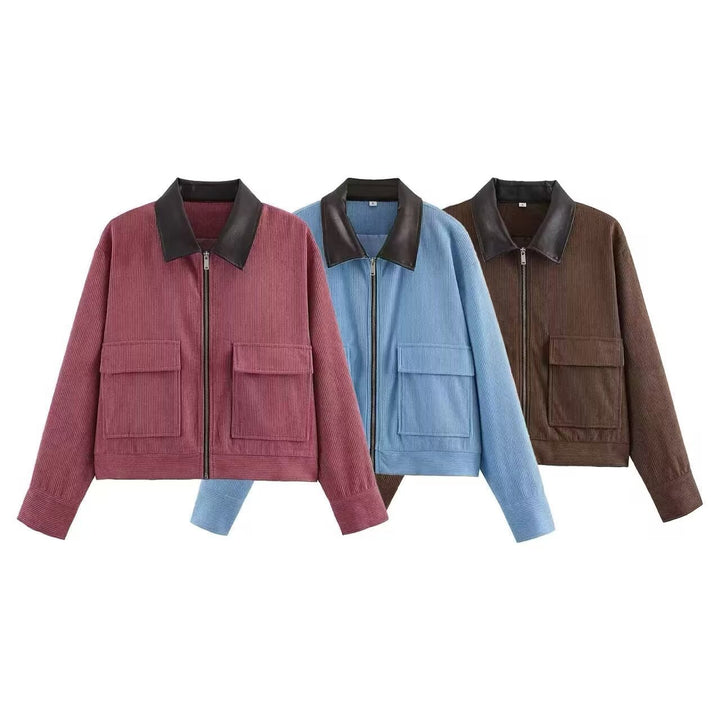 Damen Kurze Cordjacke im Blousonstil mit Lederkragen und aufgesetzten Klappentaschen Echo Archiv