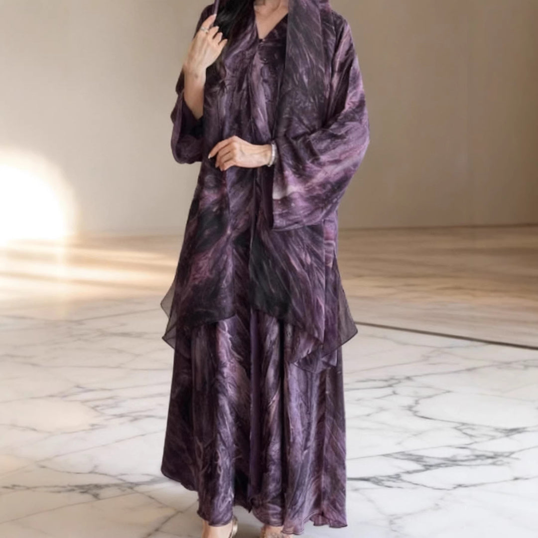 Damen langes fließendes Kapuzenkaftan Kleid mit weitem Arm und mehrlagigem Chiffon – Valéora