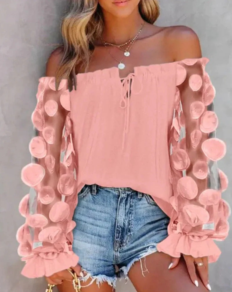 Damen nan schulterfreies Carmen-Top mit transparenten Organza-Ärmeln, kreisförmigen Applikationen und Volantmanschetten Echo Archiv