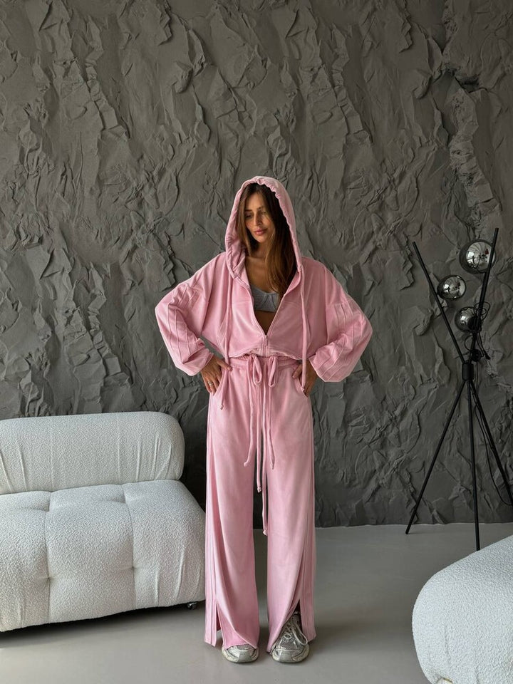 Damen Cropped Kapuzenjacke mit Kordelzug und weitem Split-Hose Lounge-Set – Auréline