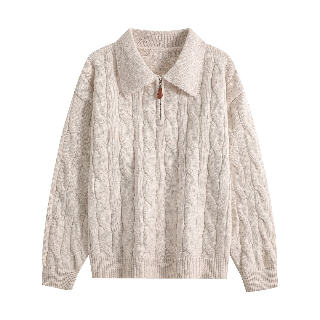 Damen Grobgestrickter Troyer-Pullover mit Halbreißverschluss & Oversize-Kragen Echoarchiv