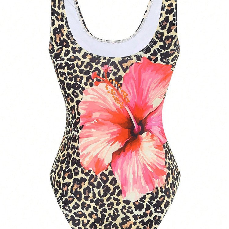 Damen Sportlicher einteiliger Badeanzug mit floralem Leopardenmuster Echo Archiv