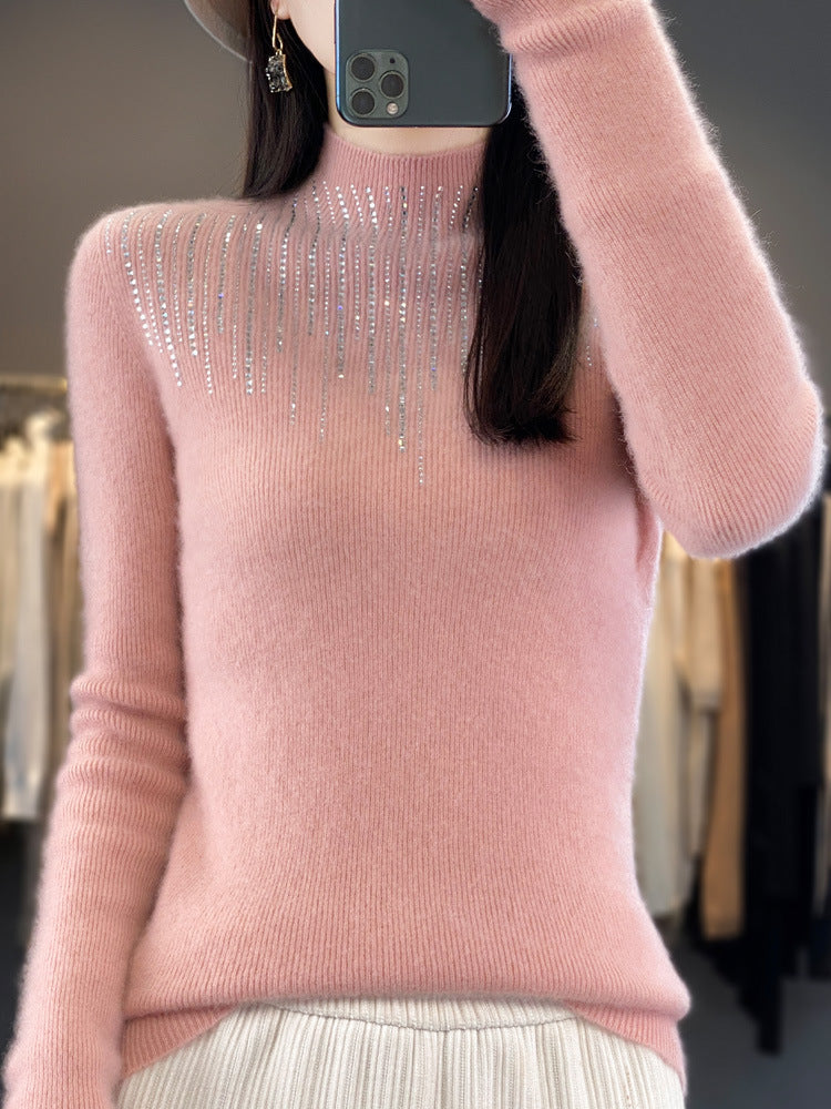 Damen Kaschmir‑Optik Mockneck-Pullover mit funkelnder Strasskaskade Echoarchiv