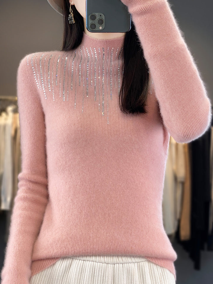 Damen Kaschmir‑Optik Mockneck-Pullover mit funkelnder Strasskaskade Echoarchiv
