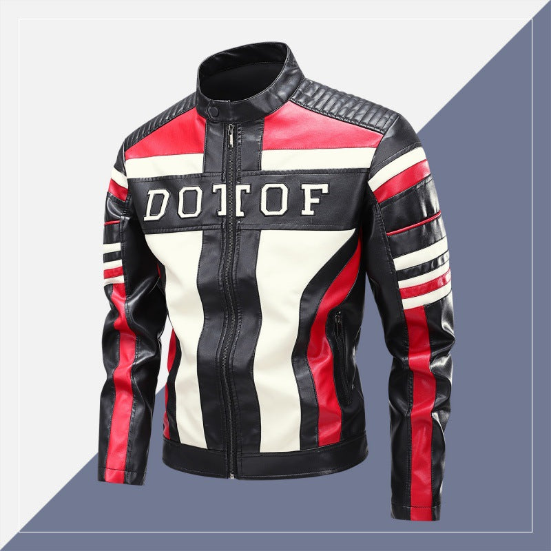 Herren Racing-Lederimitat-Bikerjacke mit Stehkragen, gesteppter Schulterpartie & Kontrast-Colourblocking Echoarchiv