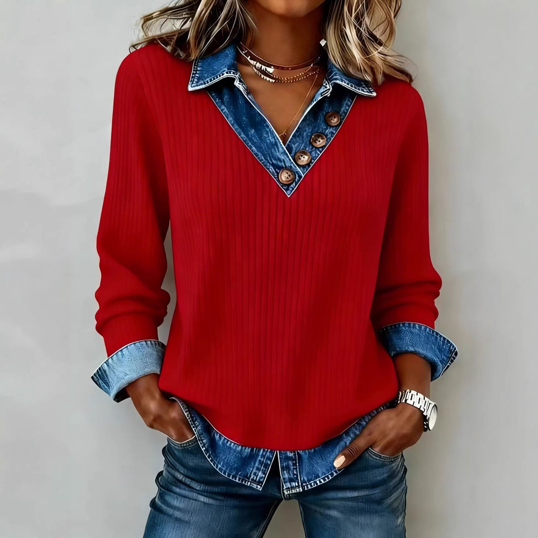 Damen Elegantes Strickshirt mit Jeanskragen und Knopfdetails Echo Archiv