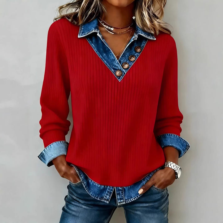Damen Elegantes Strickshirt mit Jeanskragen und Knopfdetails Echo Archiv