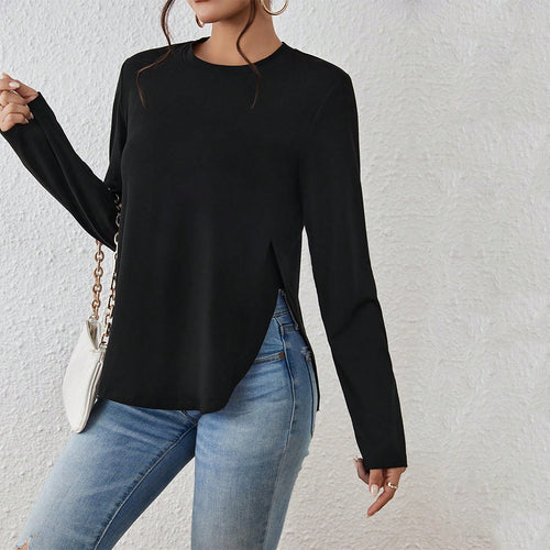 Damen Langarmshirt mit seitlichen Schlitzen, Rundhalsausschnitt und entspannter Casual-Passform – Avérine