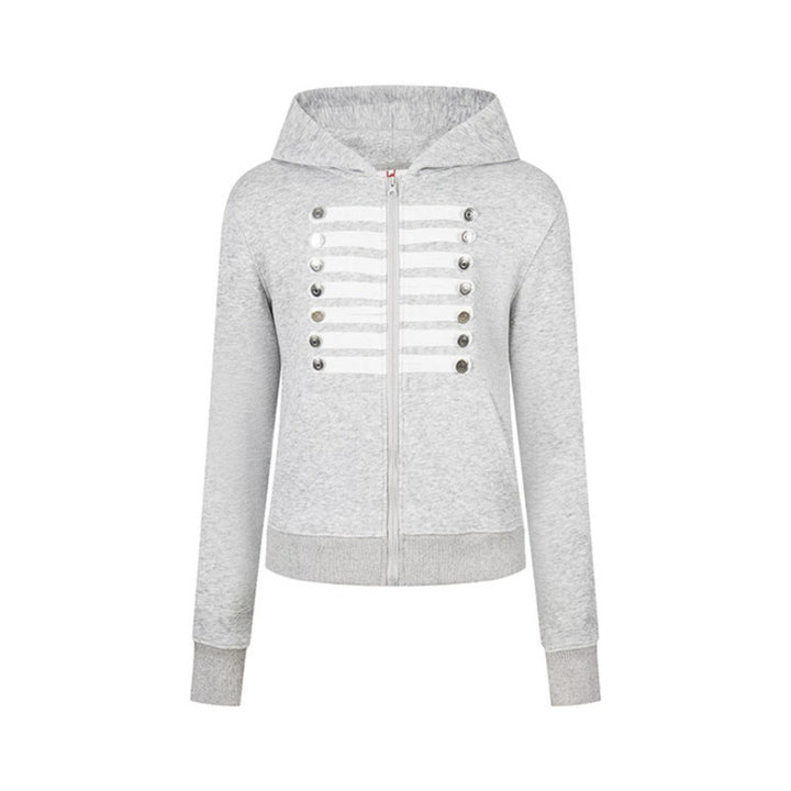Damen Kapuzen-Sweatjacke mit dekorativer Militär‑Bortenleiste und Zierknöpfen Echoarchiv