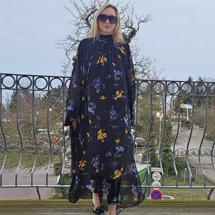 Damen Chiffon-Maxikleid mit Stehkragen, Keyhole-Ausschnitt & voluminösen Ballonärmeln Echoarchiv