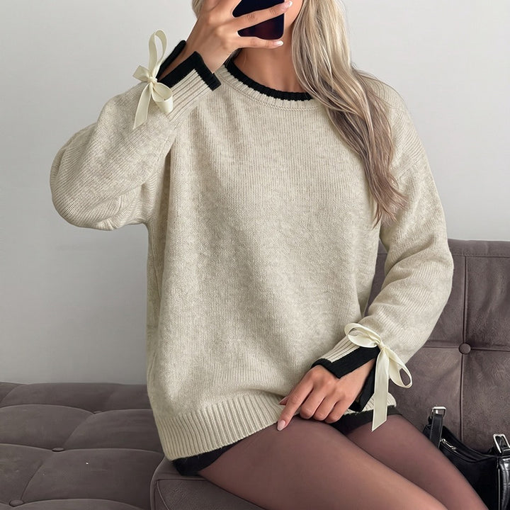 Damen Oversize-Feinstrickpullover mit kontrastgerippter Passe und Schleifen-Details Echoarchiv